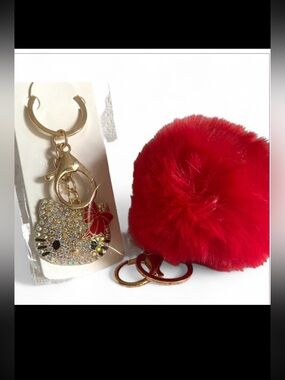 Hello Kitty 2pc Red Pom Pom Keychain bag charm with Rhinestone kitty